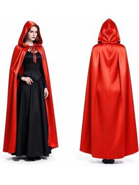 🎃Women's Red Halloween Hooded Cloak Vampire Cape Witch Robe Cosplay Costume